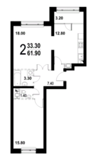 ЖК «Серебро», планировка 2-комнатной квартиры, 61.00 м²
