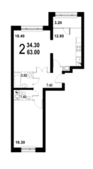 ЖК «Серебро», планировка 2-комнатной квартиры, 63.00 м²