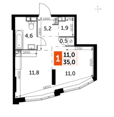 ЖК «Rotterdam», планировка 1-комнатной квартиры, 35.00 м²