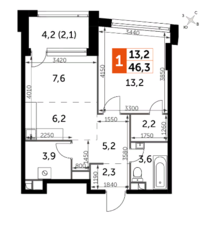 ЖК «Rotterdam», планировка 1-комнатной квартиры, 46.40 м²