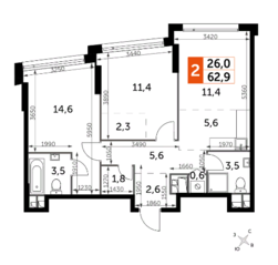 ЖК «Rotterdam», планировка 2-комнатной квартиры, 62.80 м²