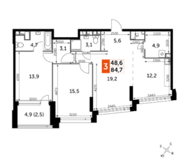 ЖК «Rotterdam», планировка 3-комнатной квартиры, 84.60 м²