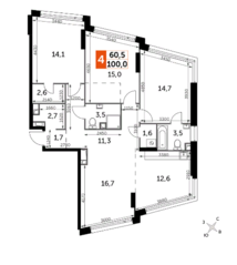 ЖК «Rotterdam», планировка 4-комнатной квартиры, 100.00 м²