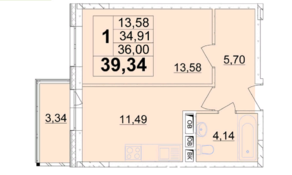 ЖК «в Папанинском переулке», планировка 1-комнатной квартиры, 39.34 м²