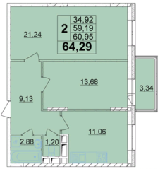 ЖК «в Папанинском переулке», планировка 2-комнатной квартиры, 64.29 м²