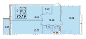 ЖК «в Папанинском переулке», планировка 2-комнатной квартиры, 75.19 м²