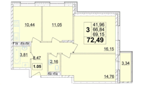 ЖК «в Папанинском переулке», планировка 3-комнатной квартиры, 72.49 м²