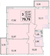 ЖК «в Папанинском переулке», планировка 3-комнатной квартиры, 79.76 м²
