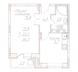 ЖК «Полёт-Купавна», планировка 1-комнатной квартиры, 34.30 м²