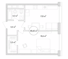 ЖК «Сенатор», планировка 1-комнатной квартиры, 48.60 м²