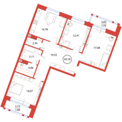 ЖК «Ariosto!», планировка 3-комнатной квартиры, 93.18 м²