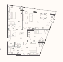 ЖК «Sky House», планировка 4-комнатной квартиры, 158.00 м²