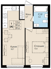 ЖК «Высший пилотаж 3», планировка 1-комнатной квартиры, 39.60 м²