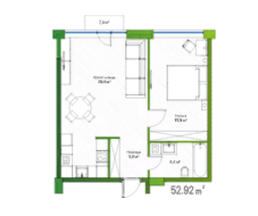 МФК «Живой комплекс LES», планировка 1-комнатной квартиры, 52.92 м²