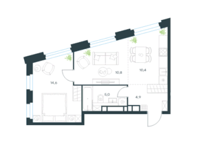 ЖК «Level Нагатинская», планировка 2-комнатной квартиры, 45.70 м²