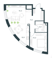 ЖК «Level Нагатинская», планировка 2-комнатной квартиры, 53.30 м²