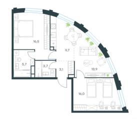 ЖК «Level Нагатинская», планировка 3-комнатной квартиры, 68.60 м²
