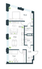 ЖК «Level Нагатинская», планировка 3-комнатной квартиры, 62.00 м²