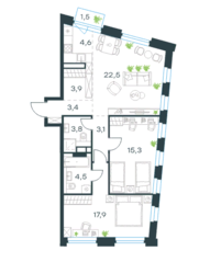 ЖК «Level Нагатинская», планировка 3-комнатной квартиры, 79.50 м²