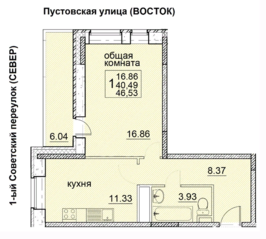 ЖК «Пустовский», планировка 1-комнатной квартиры, 46.53 м²