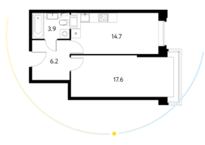 ЖК «Солнечный парк», планировка 1-комнатной квартиры, 42.47 м²