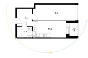 ЖК «Солнечный парк», планировка 1-комнатной квартиры, 46.13 м²