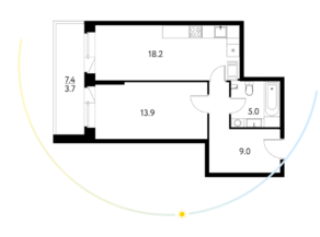 ЖК «Солнечный парк», планировка 1-комнатной квартиры, 49.83 м²