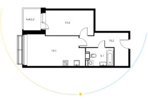 ЖК «Солнечный парк», планировка 2-комнатной квартиры, 50.00 м²