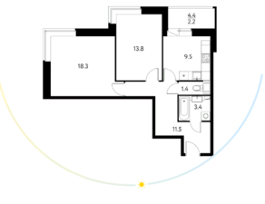 ЖК «Солнечный парк», планировка 2-комнатной квартиры, 60.14 м²