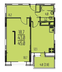 ЖК «Афродита», планировка 1-комнатной квартиры, 45.00 м²