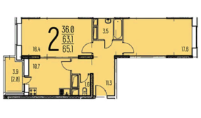 ЖК «Афродита», планировка 2-комнатной квартиры, 65.10 м²