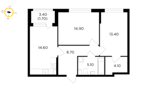 ЖК «Новое Медведково», планировка 2-комнатной квартиры, 62.50 м²