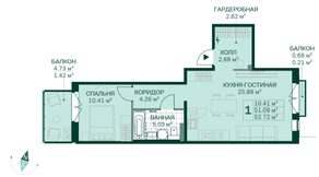 ЖК «Magnifika», планировка 1-комнатной квартиры, 52.72 м²