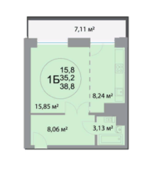 ЖК «28 микрорайон», планировка 1-комнатной квартиры, 39.04 м²