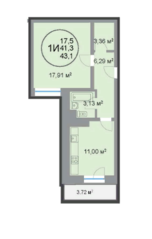 ЖК «28 микрорайон», планировка 1-комнатной квартиры, 43.22 м²