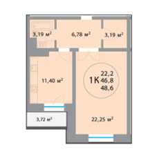 ЖК «28 микрорайон», планировка 1-комнатной квартиры, 48.73 м²