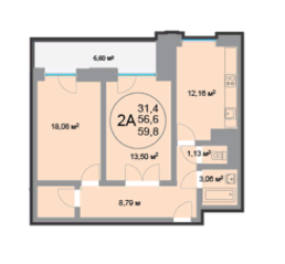 ЖК «28 микрорайон», планировка 2-комнатной квартиры, 60.04 м²