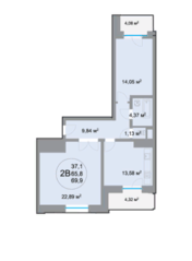 ЖК «28 микрорайон», планировка 2-комнатной квартиры, 70.09 м²