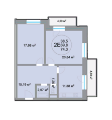 ЖК «28 микрорайон», планировка 2-комнатной квартиры, 74.37 м²