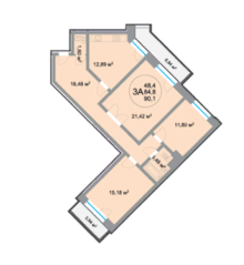 ЖК «28 микрорайон», планировка 3-комнатной квартиры, 89.52 м²