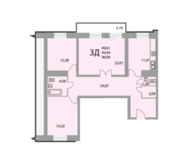 ЖК «28 микрорайон», планировка 3-комнатной квартиры, 95.90 м²