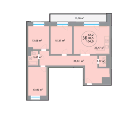 ЖК «28 микрорайон», планировка 3-комнатной квартиры, 103.94 м²