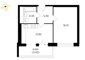 ЖК «RiverSky», планировка 1-комнатной квартиры, 44.29 м²