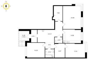 ЖК «RiverSky», планировка 3-комнатной квартиры, 127.99 м²