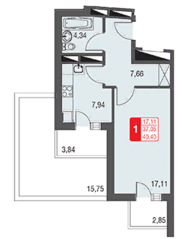 МЖК «Федоскинская слобода», планировка 1-комнатной квартиры, 40.40 м²
