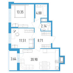 ЖК «Магеллан», планировка 2-комнатной квартиры, 62.43 м²