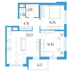 ЖК «Магеллан», планировка 2-комнатной квартиры, 66.72 м²