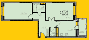 ЖК «Центральный» (Щелково), планировка 2-комнатной квартиры, 69.20 м²