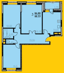 ЖК «Центральный» (Щелково), планировка 3-комнатной квартиры, 88.55 м²