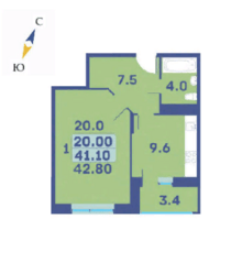 ЖК «Эдельвейс» (ЦентрСтрой), планировка 1-комнатной квартиры, 42.80 м²